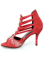 Carica immagine nella Galleria, Lioness Red Silver (460PW) - Sandalo da Donna in Camoscio Rosso con Borchiette Rosse/Argento e Zanne in metallo e tacco a spillo rivestito in Camoscio Rosso Wish Dance Shop