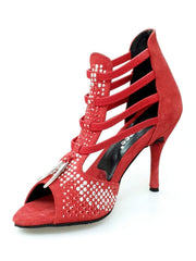Carica immagine nella Galleria, Lioness Red Silver (460PW) - Sandalo da Donna in Camoscio Rosso con Borchiette Rosse/Argento e Zanne in metallo e tacco a spillo rivestito in Camoscio Rosso Wish Dance Shop