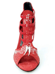 Carica immagine nella Galleria, Lioness Red Silver (460PW) - Sandalo da Donna in Camoscio Rosso con Borchiette Rosse/Argento e Zanne in metallo e tacco a spillo rivestito in Camoscio Rosso Wish Dance Shop