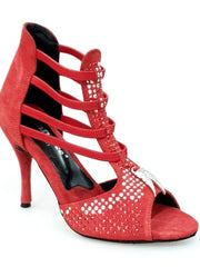 Carica immagine nella Galleria, Lioness Red Silver (460PW) - Sandalo da Donna in Camoscio Rosso con Borchiette Rosse/Argento e Zanne in metallo e tacco a spillo rivestito in Camoscio Rosso Wish Dance Shop
