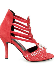 Carica immagine nella Galleria, Lioness Red Silver (460PW) - Sandalo da Donna in Camoscio Rosso con Borchiette Rosse/Argento e Zanne in metallo e tacco a spillo rivestito in Camoscio Rosso Wish Dance Shop