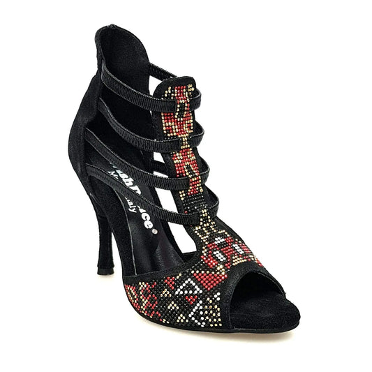 Sandalo da donna Sara Gold 460PW in camoscio nero con dettaglio oro a spillo e rivestimento in camoscio nero.