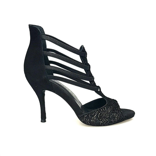 Sandalo donna Lilith (460) con ricamo oro, tallone in camoscio nero, scarpa Wish Dance Shop, elegante e raffinata.