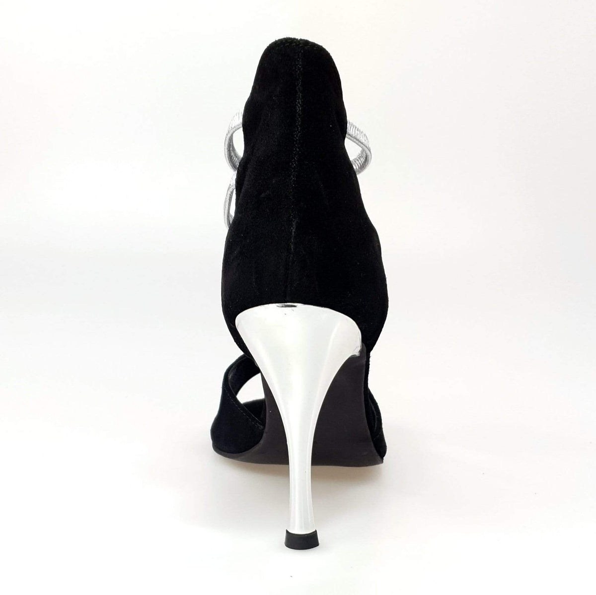 Sandalo Tatyana Wish Dance Shop in camoscio nero con elastici argento e tacco a spillo laminato argento, elegante e alla moda