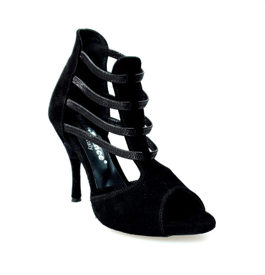 Sandalo donna Tatyana (460PW) in camoscio nero con elastici e tacco a spillo rivestito in camoscio, di Wish Dance Shop