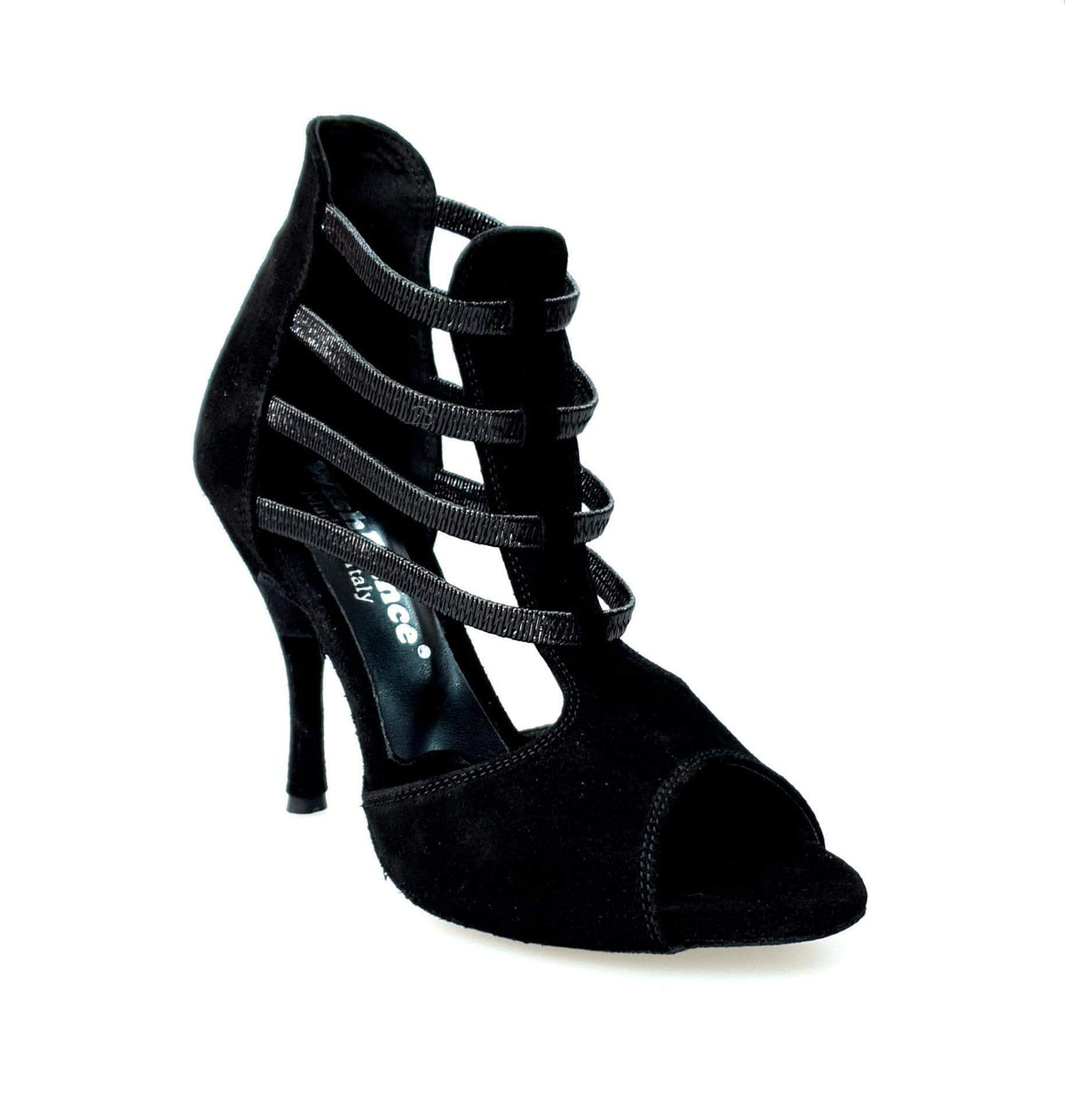 Sandalo donna Tatyana (460PW) in camoscio nero con elastici e tacco a spillo rivestito in camoscio, di Wish Dance Shop