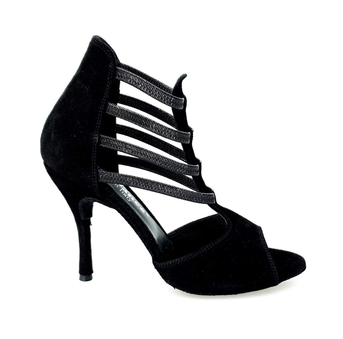 Sandalo donna Tatyana Wish Dance Shop in camoscio nero con elastici neri e tacco a spillo rivestito in camoscio nero