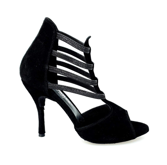 Sandalo donna Tatyana Wish Dance Shop in camoscio nero con elastici neri e tacco a spillo rivestito in camoscio nero