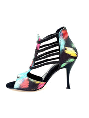 Carica immagine nella Galleria, Iris Fantasy (460PW) - Sandalo da Donna in Tessuto Picasso Nero con Elastici e Tacco a spillo smaltato Nero