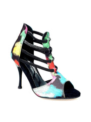 Carica immagine nella Galleria, Iris Fantasy (460PW) - Sandalo da Donna in Tessuto Picasso Nero con Elastici e Tacco a spillo smaltato Nero Wish Dance Shop
