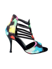 Carica immagine nella Galleria, Iris Fantasy (460PW) - Sandalo da Donna in Tessuto Picasso Nero con Elastici e Tacco a spillo smaltato Nero