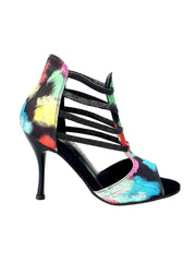 Carica immagine nella Galleria, Iris Fantasy (460PW) - Sandalo da Donna in Tessuto Picasso Nero con Elastici e Tacco a spillo smaltato Nero Wish Dance Shop