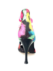 Carica immagine nella Galleria, Iris Fantasy Fuchsia (460PW) - Sandalo da Donna in Tessuto Picasso Nero con Elastici Fucsia e Tacco a spillo smaltato Nero Wish Dance Shop