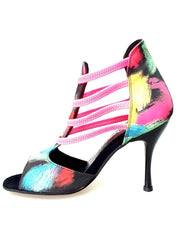 Carica immagine nella Galleria, Iris Fantasy Fuchsia (460PW) - Sandalo da Donna in Tessuto Picasso Nero con Elastici Fucsia e Tacco a spillo smaltato Nero Wish Dance Shop