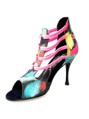 Carica immagine nella Galleria, Iris Fantasy Fuchsia (460PW) - Sandalo da Donna in Tessuto Picasso Nero con Elastici Fucsia e Tacco a spillo smaltato Nero