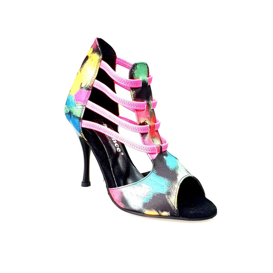 Sandalo da donna Iris Fantasy Fuchsia Wish Dance Shop con tessuto Picasso nero, elastici fucsia e tacco a spillo nero.