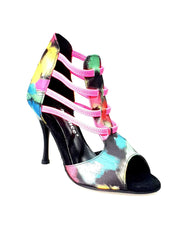 Carica immagine nella Galleria, Iris Fantasy Fuchsia (460PW) - Sandalo da Donna in Tessuto Picasso Nero con Elastici Fucsia e Tacco a spillo smaltato Nero