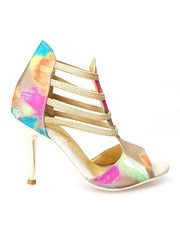 Carica immagine nella Galleria, Iris Fantasy Green Gold (460PW) - Sandalo da Donna in Tessuto Picasso Verde con Elastici e Tacco a spillo laminato Oro Wish Dance Shop