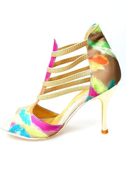 Carica immagine nella Galleria, Iris Fantasy Green Gold (460PW) - Sandalo da Donna in Tessuto Picasso Verde con Elastici e Tacco a spillo laminato Oro