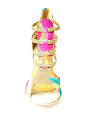 Carica immagine nella Galleria, Iris Fantasy Green Gold (460PW) - Sandalo da Donna in Tessuto Picasso Verde con Elastici e Tacco a spillo laminato Oro