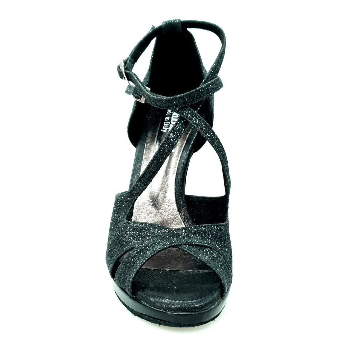 Scarpa in Glitter nero e Vernice Nera Doppio Cinturino cavigle e collopiede Brenda Night Wish Dance, vista tre quarti