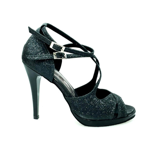 Scarpa Brenda Night Wish Dance Shop, glitter nero e vernice nera, con doppio cinturino e tacco a spillo largo con plateau