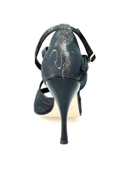 Carica immagine nella Galleria, Scarpa Brenda Wish Dance Shop in Robin Argento e nero, cinturino caviglie, incrocio sul colletto e tacco a spillo smaltato nero