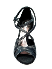 Carica immagine nella Galleria, Scarpa Brenda Wish Dance Shop in Robin Argento e nero con doppio cinturino, incrocio sul collo e tacco a spillo smaltato nero
