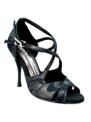 Carica immagine nella Galleria, Scarpa Brenda Wish Dance Shop in Robin Argento e nero, doppio cinturino, incrocio sul collopiede, tacco a spillo smaltato nero