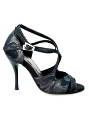 Carica immagine nella Galleria, Scarpa Brenda Wish Dance Shop in Robin Argento/nero con cinturini alle caviglie e tacco a spillo smaltato nero.
