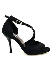 Cargar imagen en la Galería, Sandalo Athena (486) da donna in morbido camoscio nero con tacco slim, scarpa elegante di Wish Dance Shop.
