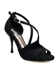 Cargar imagen en la Galería, Sandalo Athena (486) da donna in morbido camoscio nero con tacco slim, scarpa elegante di Wish Dance Shop.