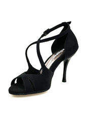 Cargar imagen en la Galería, Sandalo donna Athena (486) in morbido camoscio nero con tacco slim, scarpa elegante Wish Dance Shop
