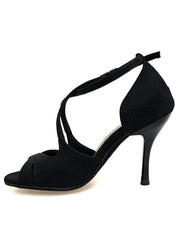 Cargar imagen en la Galería, Sandalo donna Athena (486) in morbido camoscio nero con tacco slim, scarpa elegante e comoda di Wish Dance Shop.