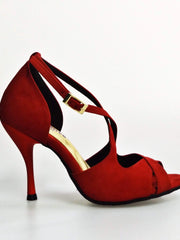 Cargar imagen en la Galería, Sandalo donna Athena (486) in morbido camoscio rosso con tacco slim, scarpa elegante Wish Dance Shop, vista frontale.