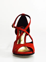 Cargar imagen en la Galería, Sandalo donna Athena (486) in morbidissimo camoscio rosso con tacco slim, scarpa elegante di Wish Dance Shop.