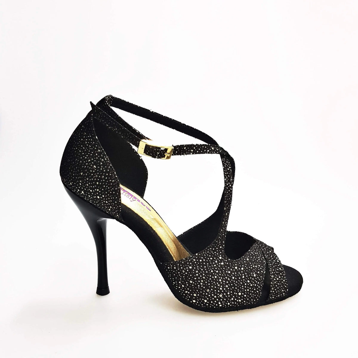 Sandalo da donna Athena Wish Dance Shop in tessuto nero puntinato con dettagli oro e tacco slim, calzatura elegante e comoda.