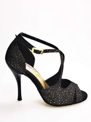 Cargar imagen en la Galería, Sandalo da donna Athena Wish Dance Shop in tessuto nero puntinato con dettagli oro e tacco slim, calzatura elegante e comoda.