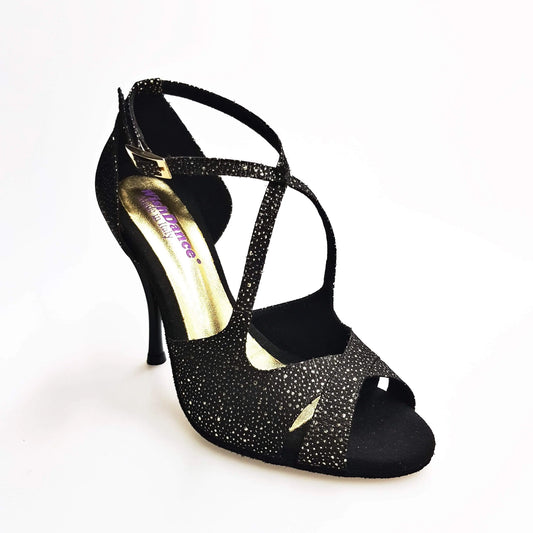 Sandalo da donna Athena Wish Dance Shop in tessuto nero puntinato con dettagli oro e tacco slim, scarpa elegante e moderna