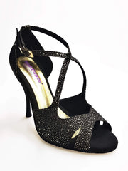 Cargar imagen en la Galería, Sandalo da donna Athena Wish Dance Shop in tessuto nero puntinato con dettagli oro e tacco slim, scarpa elegante e moderna