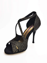 Cargar imagen en la Galería, Sandalo donna Athena (486) in tessuto nero puntinato con dettagli oro e tacco slim, scarpa elegante Wish Dance Shop