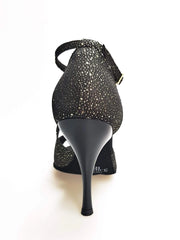 Cargar imagen en la Galería, Sandalo da donna Athena Wish Dance Shop in tessuto nero puntinato con dettagli oro e tacco slim, scarpa elegante e alla moda