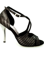 Cargar imagen en la Galería, Sandalo donna Athena (486) Wish Dance Shop con tacco slim, tessuto nero Stella, elegante e comodo, scarpa da donna raffinata e alla moda.