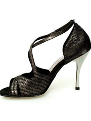 Cargar imagen en la Galería, Sandalo donna Athena (486) Wish Dance Shop in tessuto Stella nero con tacco slim, scarpa elegante e comoda.