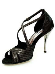 Cargar imagen en la Galería, Sandalo donna Athena (486) Wish Dance Shop in tessuto Stella nero con tacco slim, scarpa elegante e comoda.