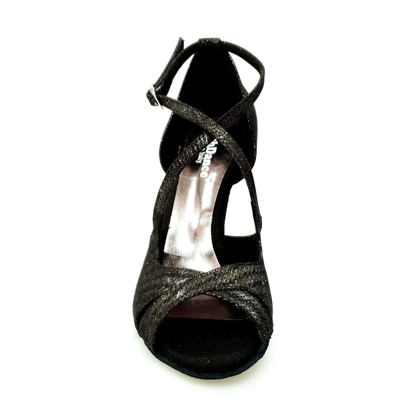 Sandalo donna Athena (486) Wish Dance Shop in tessuto Stella nero con tacco slim, elegante e comodo, vista frontale.