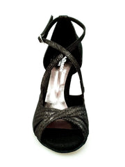 Cargar imagen en la Galería, Sandalo donna Athena (486) Wish Dance Shop in tessuto Stella nero con tacco slim, elegante e comodo, vista frontale.