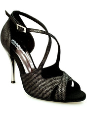 Cargar imagen en la Galería, Sandalo donna Athena (486) Wish Dance Shop in tessuto Stella Nero con tacco slim, scarpa elegante e comoda.
