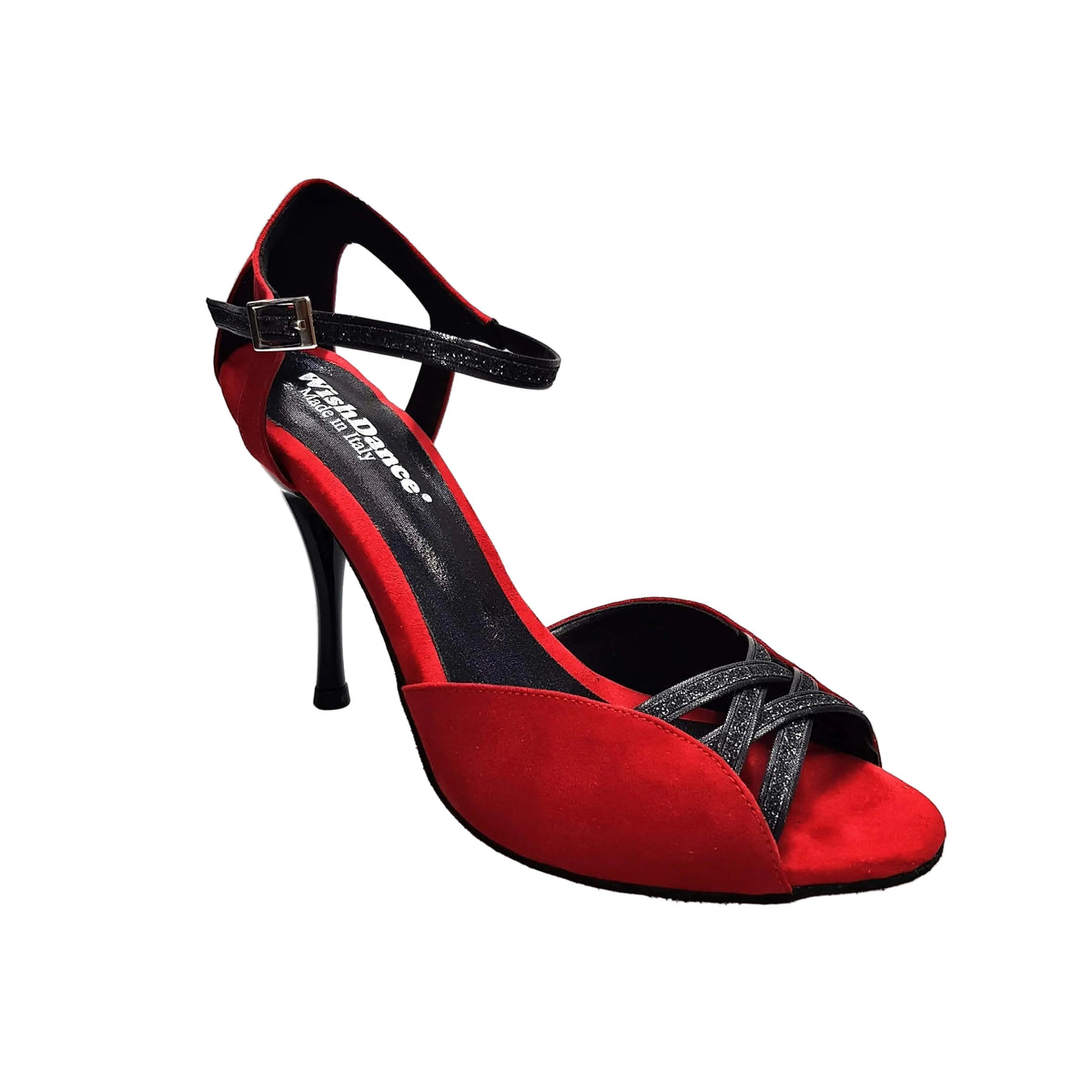 Scarpa donna Morgane Scarlett in camoscio rosso con fascette in glitter nero e tacco a spillo smaltato nero.