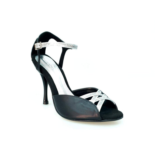 Sandalo donna Morgane Scarlett Wish Dance Shop in pelle nera con fascette in glitter argento e tacco a spillo in alluminio smaltato nero